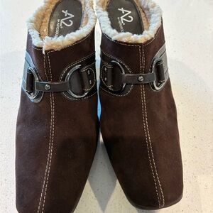 A2 by Aerosoles Mule Clogs in Brown Suede & Leather with a Shearling Lining.